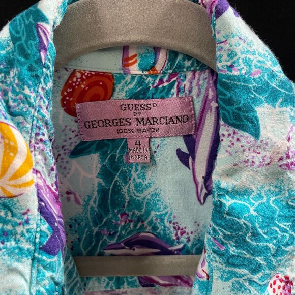 Guess by Georges Marciano Hawaiian Shirt Dolphins Ocean Size 4 Womens - Picture 2 of 10